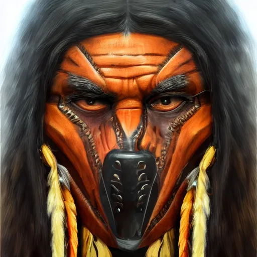 Image similar to painting portrait of a native american wearing a predator face mask, artstation, ultra detailed