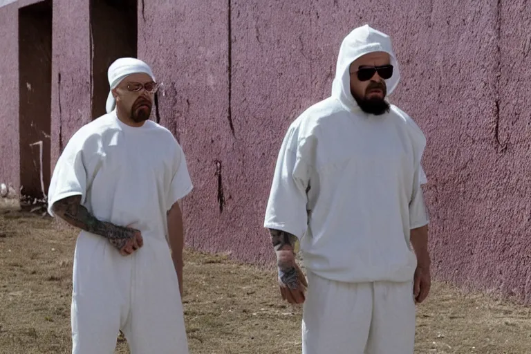 Image similar to medium full shot of walter white as a white gang member wearing a purple head covering made from a polyester material and a stained white tank top dealing crack in the prison yard in the new movie directed by ice cube, movie still frame, arms covered in gang tattoo, promotional image, critically condemned, top 1 5 worst movie ever imdb list, public condemned, relentlessly detailed