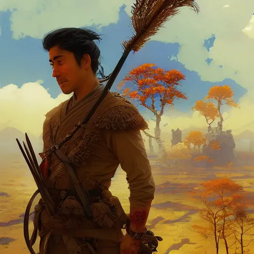 Image similar to Hyper realistic detailed portrait of Kurdish samurai, Stephen Bliss, unreal engine, fantasy art by Greg Rutkowski, Loish, Rhads, ferdinand knab, Makoto Shinkai and Lois van baarle, ilya kuvshinov, rossdraws, Tom Bagshaw, alphonse mucha, global illumination, radiant light, detailed and intricate environment, highly detailed, award winning art