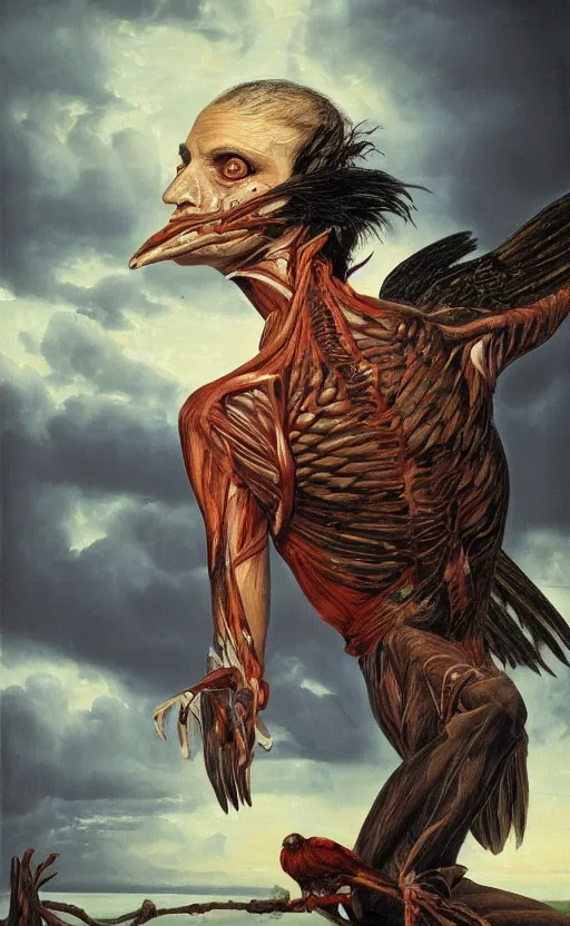 Image similar to an anatomical oil painting of a Harpy from a medical journal by Alex Ross, highly detailed, high detail, photoreal, 8k, storm clouds, birds, dramatic lighting