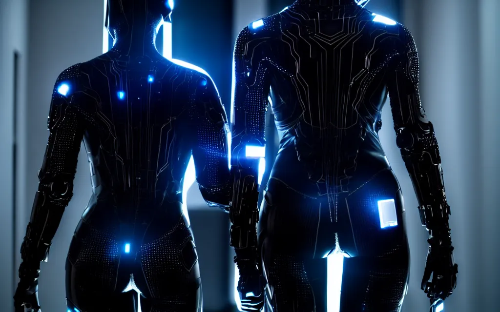 Image similar to love, diverse dark cybersuits, from behind, wide wide angle, vivid, elaborate, highly detailed, beautiful lighting