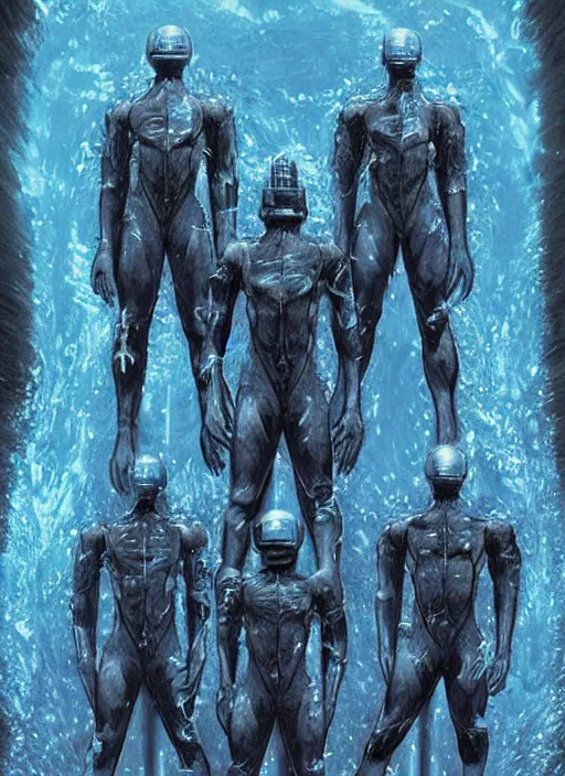 Image similar to symmetrical astronauts in dark and empty void underwater - complex and hyperdetailed technical suit. reflection and dispersion materials. rays and dispersion of light. volumetric light. 5 0 mm, f / 3 2. noise film photo. flash photography. ultra realistic, wide angle. poster by wayne barlowe, hajime sorayama aaron horkey, craig mullins