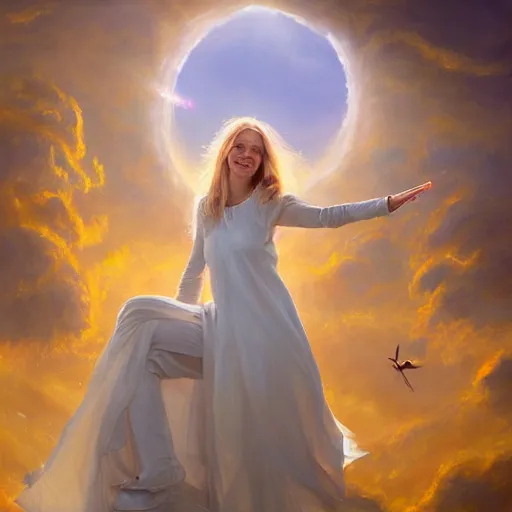 Image similar to a painting of an angel, a young woman with long blond hair and a halo smiling in heaven, jessica rossier