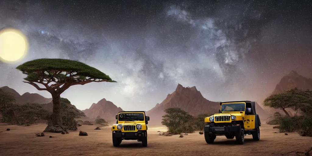 Image similar to yellow mahindra thar riding through moonlit socotra island with dragon trees, starry night, sharp focus, wide shot, trending on ArtStation, masterpiece, by Greg Rutkowski, by Ross Tran, by Fenghua Zhong, corona render, soft render, ultrarealistic, colorful, cinematic, shadow of the tomb rider