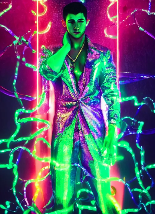 Image similar to photo of baroque and bladerunner delicate neon emerald sculpture of seductive prince nick jonas pink iridescent humanoid deity wearing metallic jungle leaves, crystal tigers, glowing rainbow lights, crown made of hands, cinematic lighting, photorealistic, octane render 8 k depth of field 3 d
