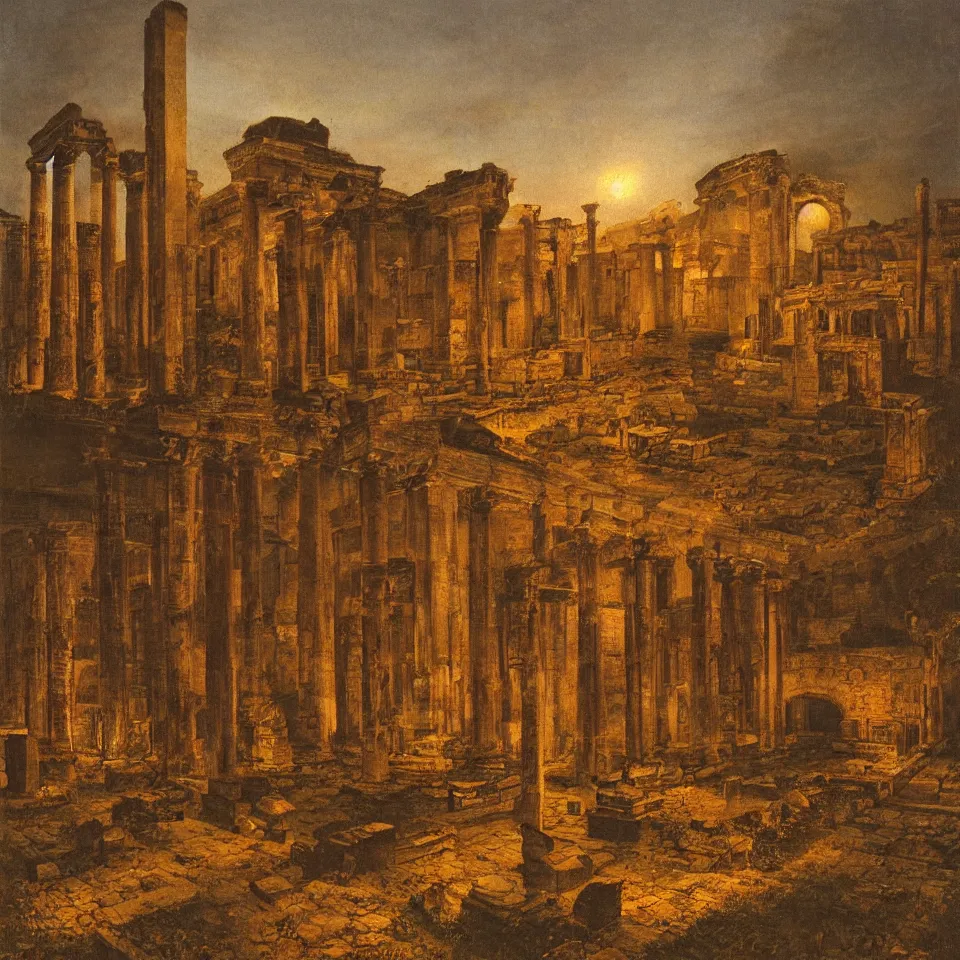 Prompt: Eerie illuminated nighttime Roman ruins, painted by Ippolito Caffi, golden hour, bewitching