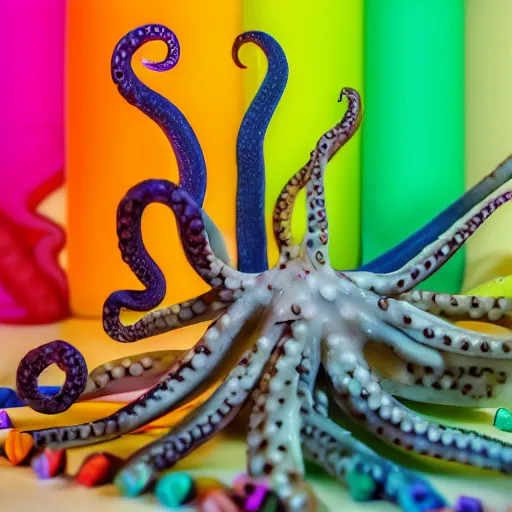 Image similar to octopus tentacles emerging creepily from beneath the lid of a box of crayons. 8 k photo with dramatic lighting.