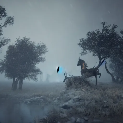 Prompt: the wild hunt, otherworldly spectres riding in the sky, wraiths of morhogg, bad omen, enchanted forest, blizzard storm, fog, full moon, snowy environment, in the style of the witcher series, hyperrealism, atmospheric, cinematic, breathtaking, award winning, groundbreaking, octane render, unreal 5, intricate digital art, sharp focus, 8 k high resolution