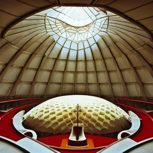 Image similar to interior of a futuristic lotus temple space station with gold, red and white marble panels, by buckminster fuller and syd mead, intricate contemporary architecture, photo journalism, photography, cinematic, national geographic photoshoot