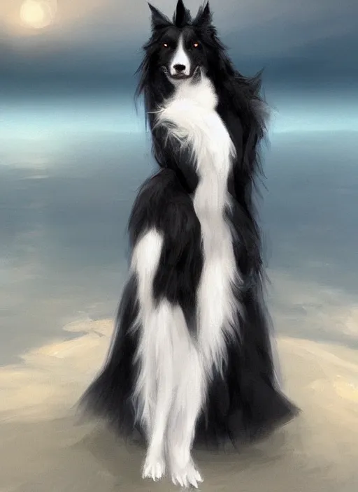 Image similar to wide angle beautiful full body portrait of a strong male anthropomorphic anthro border collie fursona wearing an evening gown by a lake at night, character design by charlie bowater, henry asencio, and ross tran, furry art, furaffinity, beautiful, glamor pose, detailed, aesthetic, trending on artstation