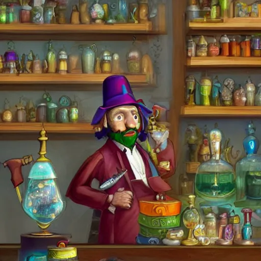 Image similar to Anthropomorphized parrot trader in his shop, shelves full, selling a gem, portrait, items, magic potions, carpet, window, fancy funny hat, sly expression , cunning expression, cute expression, presenting magic gem, D&D, fantasy, cinematic lighting, highly detailed, digital painting, artstation, concept art, smooth, sharp focus, illustration, warm light, cozy warm tint, magic the gathering artwork, volumetric lighting, 8k, no gold, no gold colours, books, art by Akihiko Yoshida, Greg Rutkowski