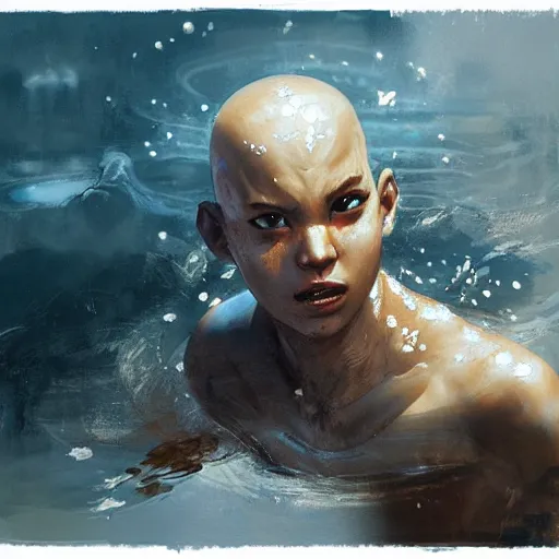 Prompt: avatar aang in water bending, jeremy mann painting