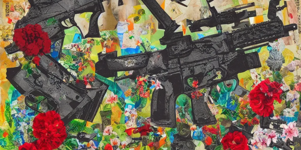 Image similar to guns and flowers, collage, acrylic on canvas, expressionism movement, breathtaking detailed, by blake neubert, style by peter bankov