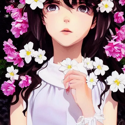 Image similar to little brunette girl with flowers in hair wearing an white dress. art by ilya kuvshinov, profile picture, inspired in hirohiko araki, realistic, highly detailed, 8 0 s anime art style, vogue cover