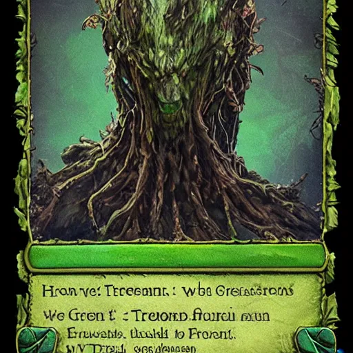 Image similar to green old treant, treant made of leaves and roots, old tree, old humanoid ents, epic fantasy style, green theme, forest background, hearthstone artwork