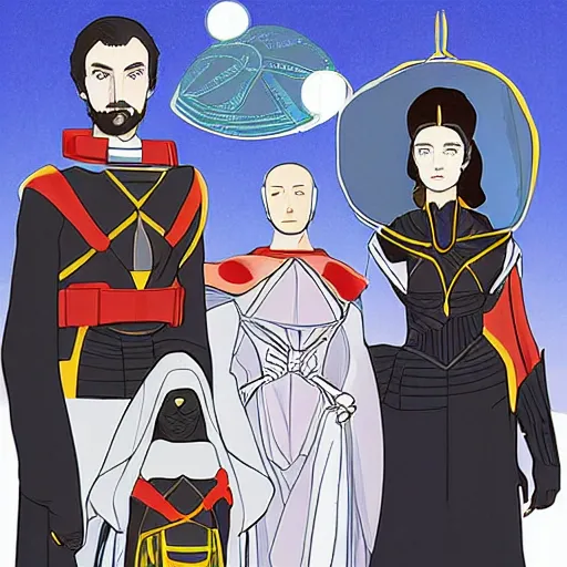 Prompt: family portrait of duke leto atreides, lady jessica and paul atreides, dune, futuristic palace, aristocratic, space opera, in the style of yamato - e, tosa school, tosa mitsuoki, iwasa matabei, awataguchi takamitsu.