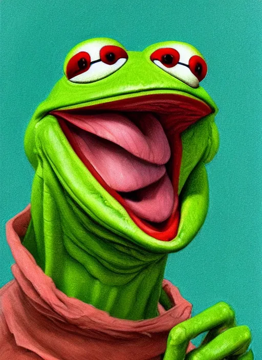 Prompt: portrait of a Screaming Kermit the frog in Society (1989), highly detailed, centered, solid color background, digital painting, artstation, concept art, smooth, sharp focus, illustration, artgerm, donato giancola, Joseph Christian Leyendecker, Les Edwards, Ed Repka, WLOP, Artgerm