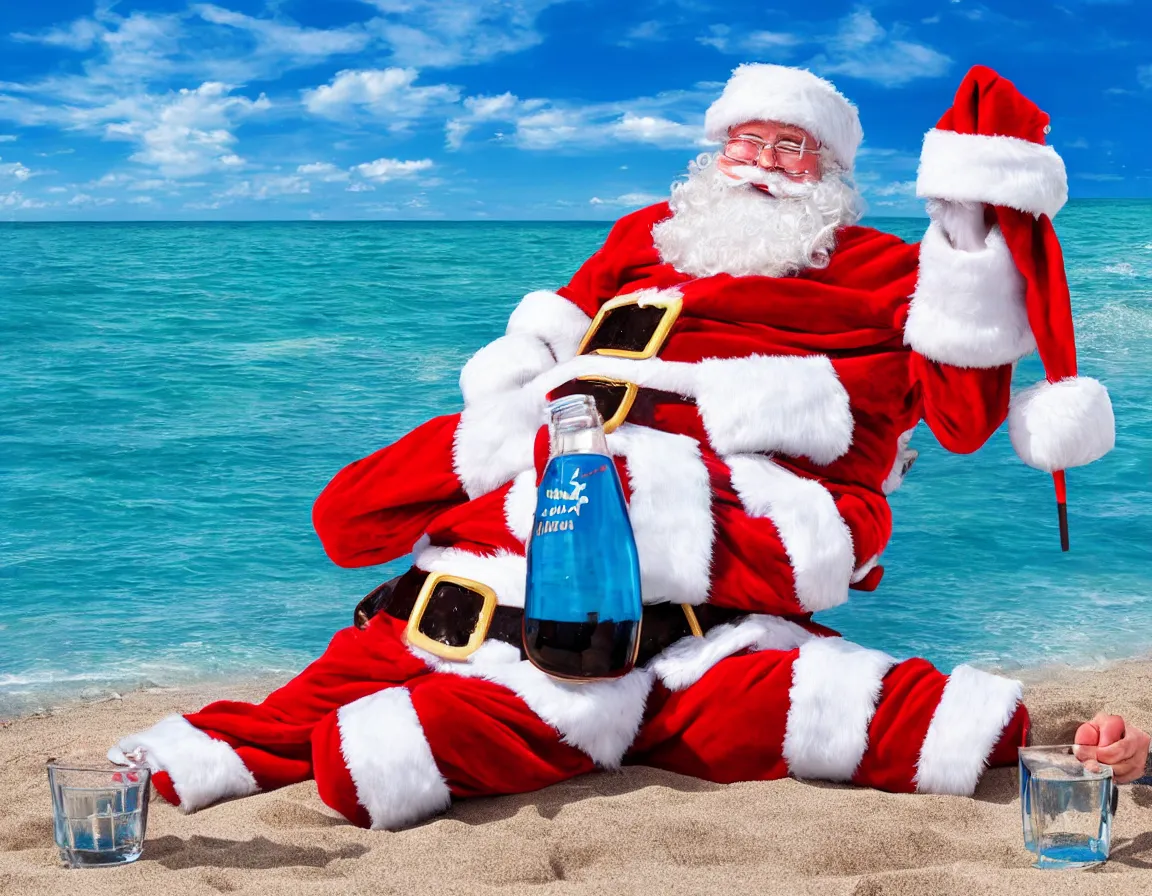 Prompt: phot of santa claus sunbathing on the beach, sipping soda from glass using straw, hd, hdr, ultra detailed, high resolution