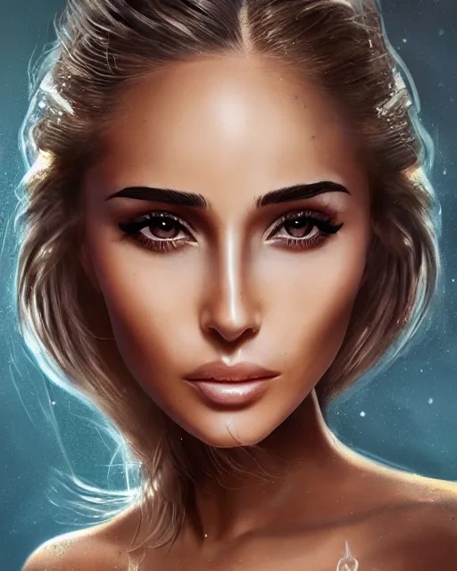 Prompt: Olivia Culpo, clear makeup, clean hair, dry skin, clear skin, airbrushed, bright eye makeup, warrior body, photo by mario testino, Charlie bowater, cinematic, hyper detailed, micro details, insanely detailed, trending on artstation, concept art, insanely detailed and intricate