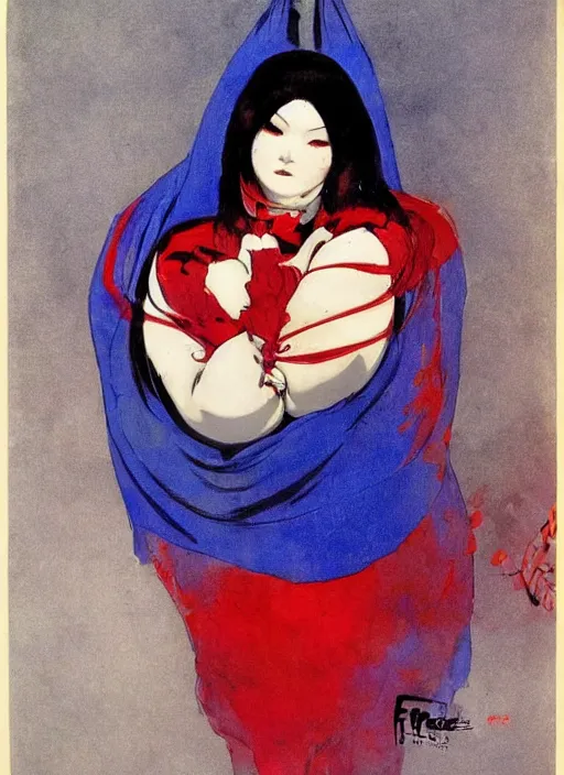 Image similar to portrait of heavyset korean vampiress, jeweled veil, blue and red, strong line, saturated color, beautiful! coherent! by frank frazetta, high contrast, minimalism