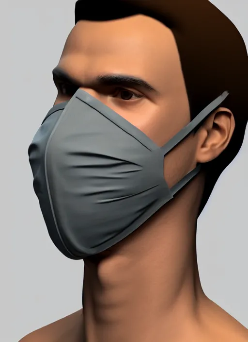 Image similar to raw 3 d model of a european young man covering face with fabric mask, untextured, ultrarealistic, trending on artstation, extremely detailed
