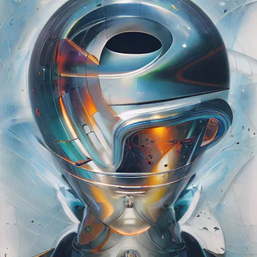 Image similar to scifi futurism automaton minimalism chrome by peter mohrbacher art Hajime Sorayama airbrush hyperrealism model abstract shatter fragments cubism futurism pastel blue soft flat minimal minimalism portrait face jackson pollock ukiyo-e lithograph mark ruthko swirl escape noise shimmer glow paint