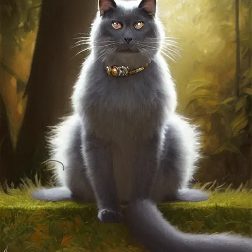 Image similar to a big dark grey cat with white belly, white paws and white face markings with long fur and fluffy tail sitting, intricate, elegant, highly detailed, digital painting, artstation, concept art, matte, sharp focus, illustration, art by Artgerm and Greg Rutkowski and Alphonse Mucha