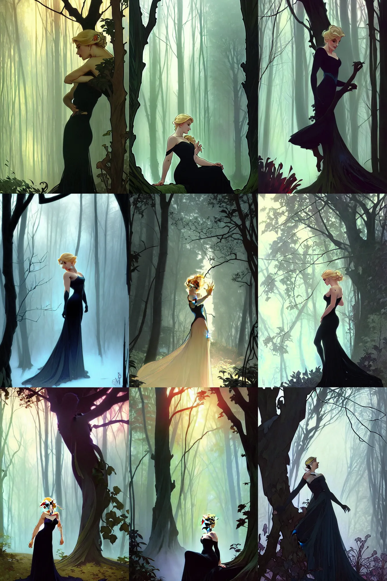 Prompt: elsa relaxing a tree, black dress, art by artgerm and greg rutkowski and alphonse mucha and frank frazetta, low light, foggy at dawn, sunlight visible through tree leaves, misty, magic, atmospheric