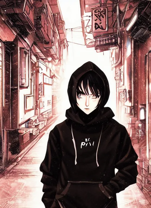 Prompt: manga cover, black-haired short-haired russian man wearing a black hoodie, intricate cyberpunk city, emotional lighting, character illustration by tatsuki fujimoto