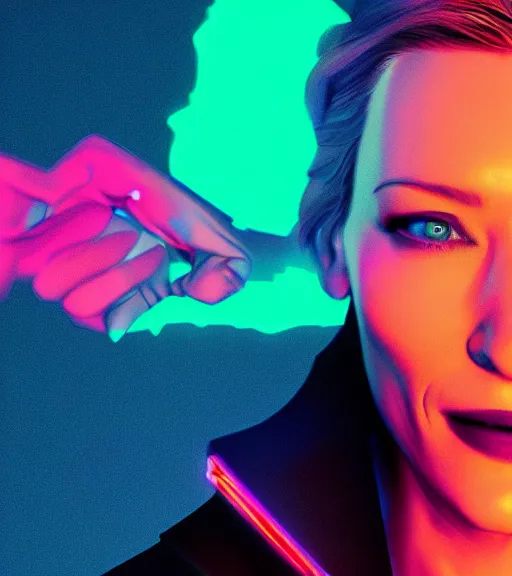 Image similar to cate blanchett ,neon colors, strong lighting, by Josan Gonzalez, HD, 4K