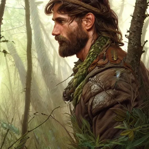 Image similar to portrait of rugged male ranger in the forest, masculine, D&D, muscular, fantasy, intricate, elegant, highly detailed, digital painting, artstation, concept art, smooth, sharp focus, illustration, art by artgerm and greg rutkowski and alphonse mucha