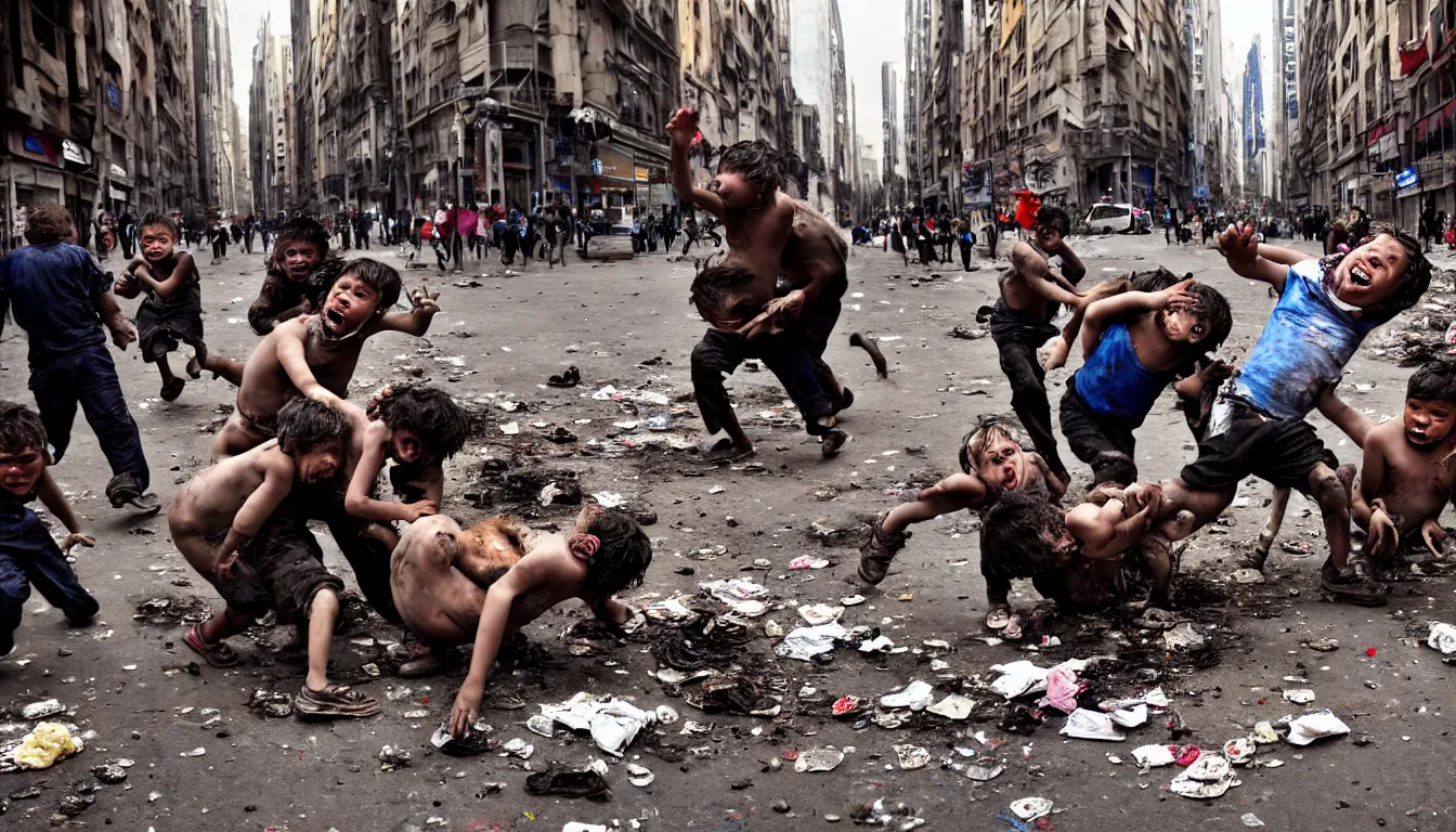 Prompt: in a dirty city street disheveled children in rags fight with laughing obese men in cheap suits, over piles half eaten rotting fast food, money thrown and floats in the air, hyper realistic photo, full colour, upscale, 8 k, masterpiece,