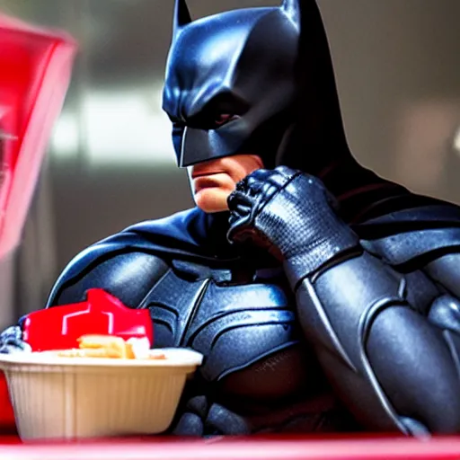 Image similar to A photo of Ben Affleck's Batman eating at KFC. Extremely detailed. 4K. Award-winning