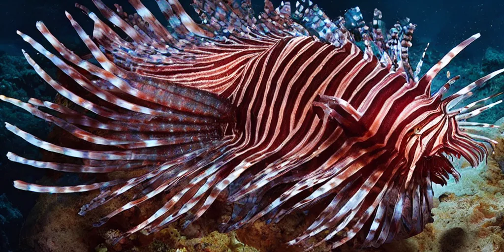 Image similar to lionfish, stylized layered textures, long flowing fins, bioluminescent orbs, 3 d render, substance painter, glowing eye, smooth, sharp focus, art by h r giger