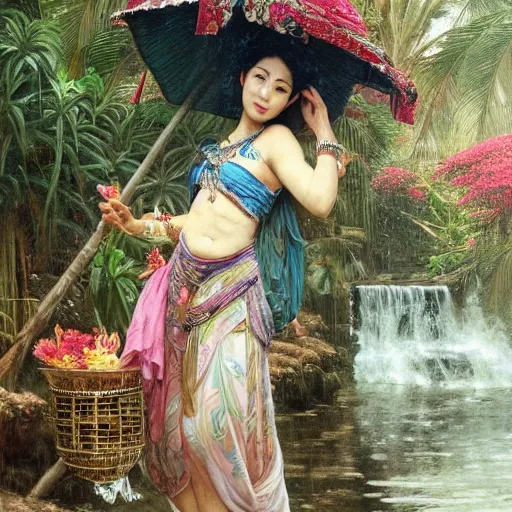 Image similar to monsoon on tropical island, oriental woman, ornate, beautiful, atmosphere, vibe, mist, coconuts, rain, wet, pristine, puddles, melting, dripping, snow, creek, lush, ice, bridge, forest, roses, flowers, by stanley artgerm lau, greg rutkowski, thomas kindkade, alphonse mucha, loish, norman rockwell