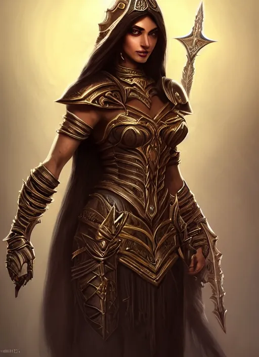 Prompt: portrait of an athletic arabian woman warrior as a diablo 3 character, looking at camera, D&D, sword master, long black hair, intricate, elegant, stylish, cute smile, fantasy, extremely detailed, digital painting, artstation, concept art, smooth, sharp focus, illustration, ambient lighting, art by artgerm and greg rutkowski and alphonse mucha and simon stalenhag