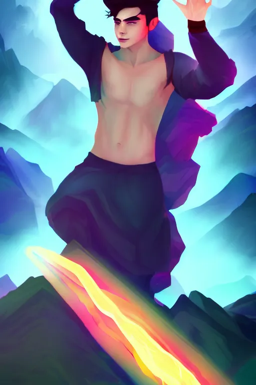 Prompt: a human elemental sorcerer, mountainous setting, colorful magic effects, male, white skin, portrait, young, sharp focus, concept art, illustration, dynamic lighting, by emylie boivin