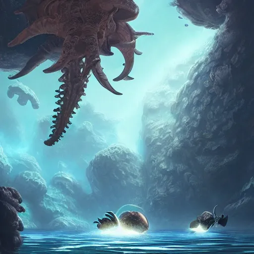 Prompt: Astronauts and some mythical animals are under the sea, they are swimming away from the giant kraken, the kraken is behind chasing them, this is an extravagant planet with wacky wildlife, the background is full of ancient ruins, the ambient is dark with a terrifying atmosphere, by Jordan Grimmer digital art, trending on Artstation,