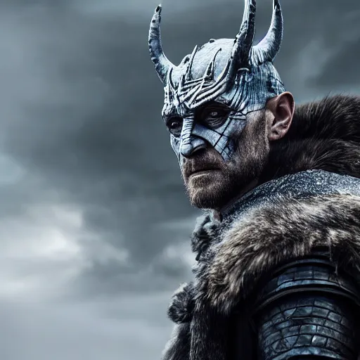 Image similar to profile photo of the night king in a dark viking hood playing odin all father from the thor movie, highly detailed, cinematic shot, cinematic lighting, 8 k, exquisit facial detail