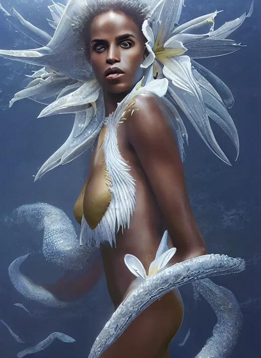 Prompt: dramatic upper body portrait of Megalyn Echikunwoke as a dark-skinned mermaid by Ruan Jia and Mandy Jurgens and Artgerm and william-adolphe bouguerea, underwater, white lilies, shells, mirror, marvel comics, intricate, highly detailed, smooth, artstation, digital illustration by julie bell and Ruan Jia and Mandy Jurgens and Artgerm and William Adolphe Bouguereau and John Collier and Greg Rutkowski and Frank Frazetta