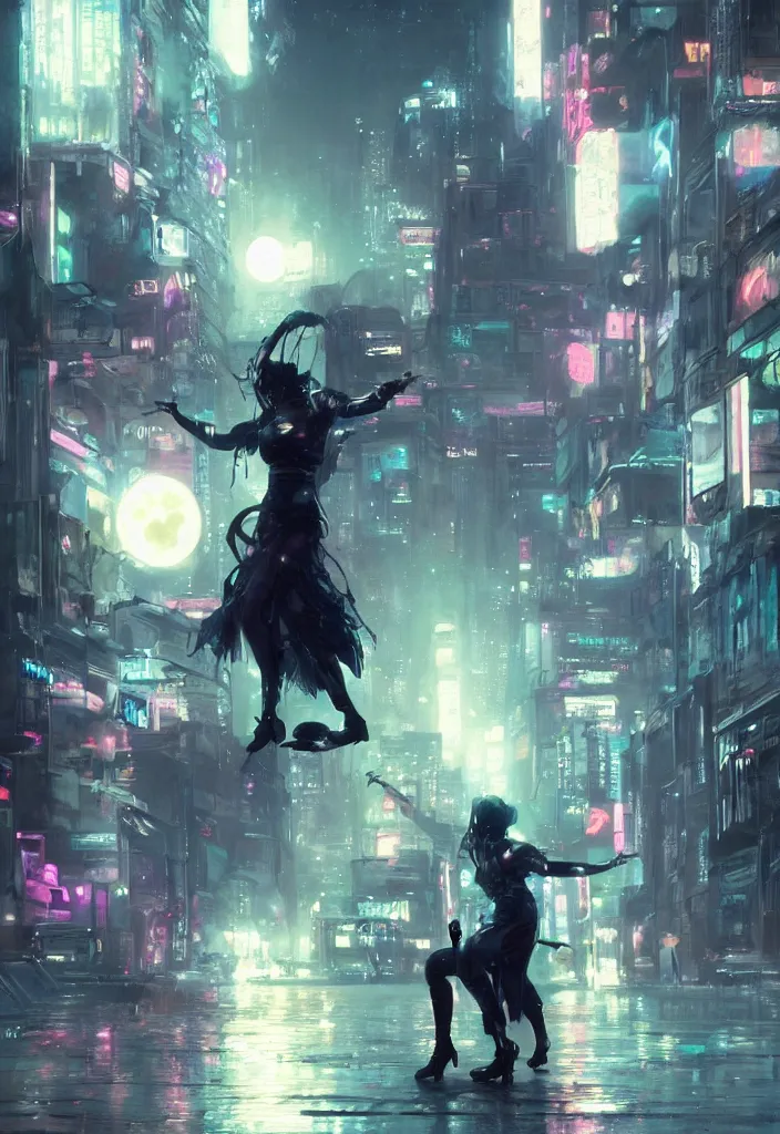 Image similar to an emotional concept painting of a cyberpunk android dancing in the moonlight, neon signs, empty city, large detailed moon, concept painting by Raymond Swanland and Ruan Jia and Greg Rutkowski