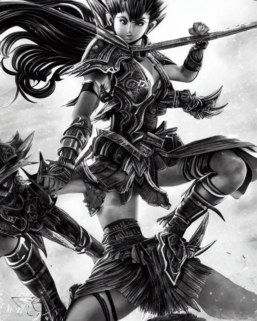 Image similar to Two female warriors fighting, black and white, highly detailed face, close-up, fantasy art, fighting art, in the style of masami kurumada, illustration, epic, fantasy, intricate, hyper detailed, artstation, concept art, smooth, sharp focus, ray tracing