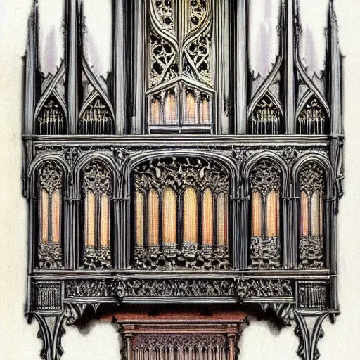 Prompt: ornate gothic organ console, designed by alan lee and john howe, detailed color concept art sketch