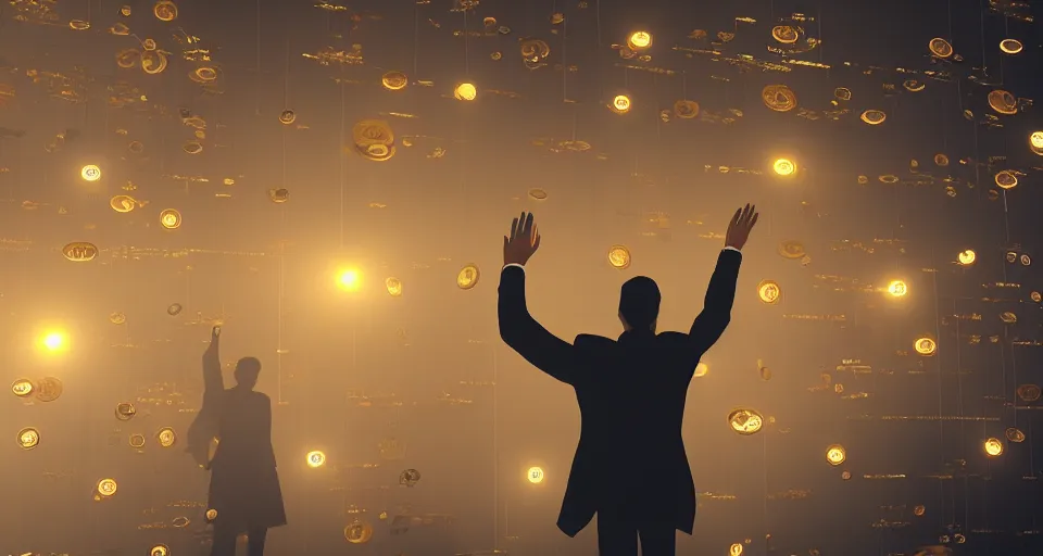 Image similar to Dramatic photo of a CEO waving goodbye to silhouettes of his coworkers in a futuristic office. Golden coins are levitating all around them. 8k, high detail, trending on Artstation, volumetric lighting, cyberpunk