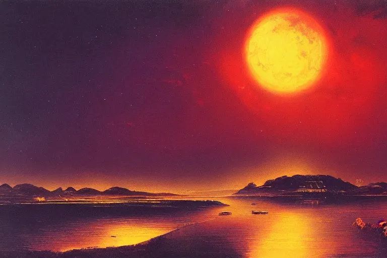 Image similar to awe inspiring bruce pennington landscape, digital art painting of 1 9 6 0 s, japan at night, 4 k, matte