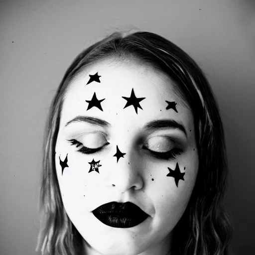 Image similar to beautiful young woman with gutterpunk pen ink face tattoos at golden hour, black & white, stars in background, cinematic diane arbus, leica s, fuji 8 0 0, grainy, low light