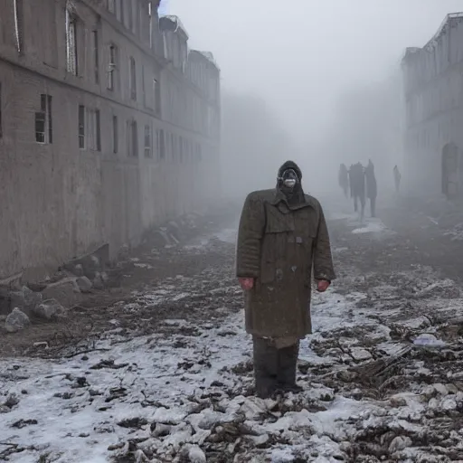 Image similar to flash photograph of an abandoned rundown soviet town with dense fog and men wearing gas masks