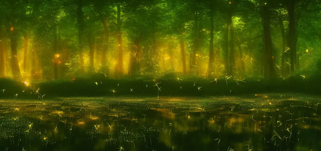 Prompt: beautiful view of a forest and a river, glowing dandelion seeds, fireflies, magical fairy dust, glowing water with caustics, mystical atmosphere, dappled light, reflections, light rays. refraction, symmetry, cinematic lighting, ultra detailed, sharp, ambient occlusion, bloom, raytracing, by dylan cole, sebastian meyer and jordan grimmer