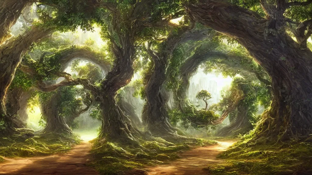 Image similar to an infinate portal with trees and bushes all around it, highly detailed oil painting, epic fantasy art, abstraction, masterpeice, 8k