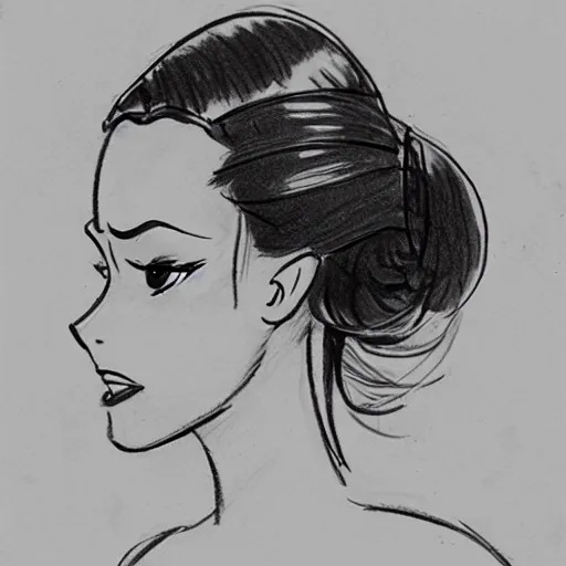 Image similar to milt kahl sketch of vanessa hudgeons with done up hair, tendrils covering face and ponytail as princess padme from star wars episode 3